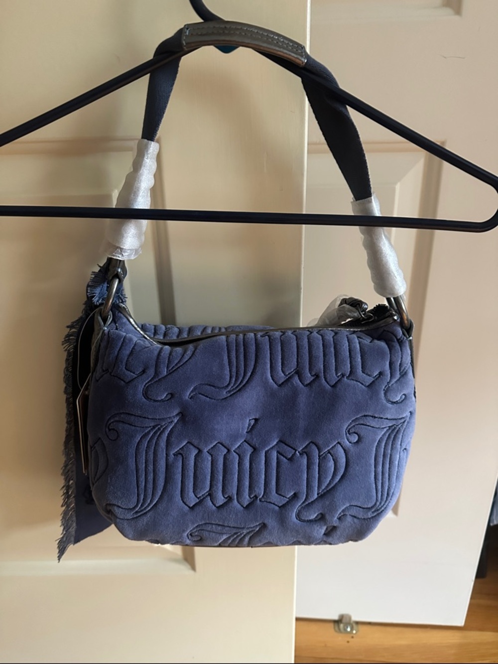 Juicy Couture Navy Embossed Velvet Shoulder Bag with Fringed Scarf - Picture 5 of 7